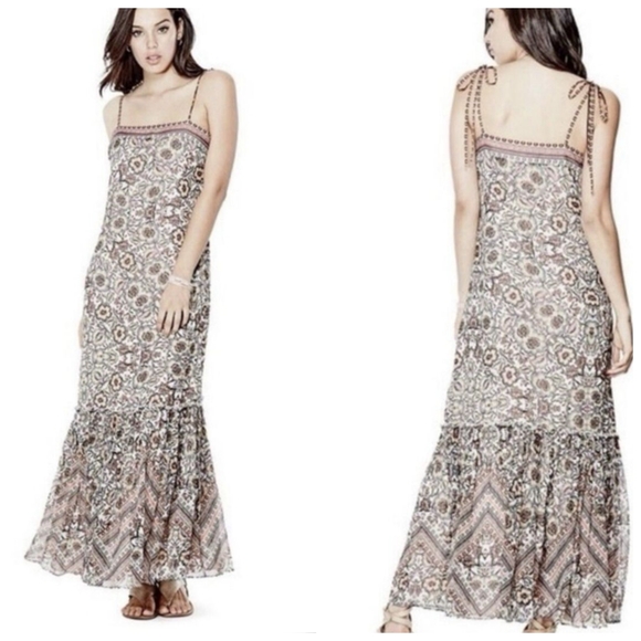 Guess Cream and Brown Tiered Patchwork Poisies Floral Boho Maxi Dress XS - Picture 1 of 9